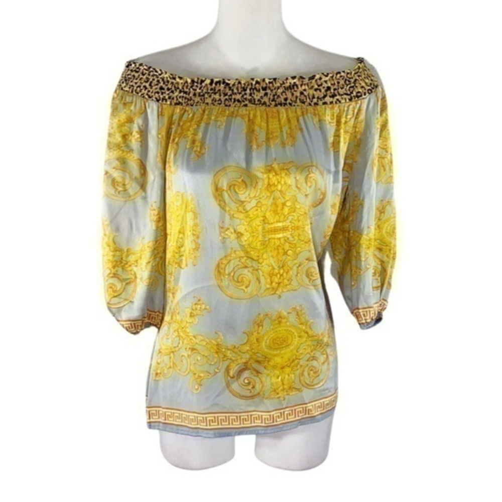 Cache gray gold scroll animal print silk off the shoulder top